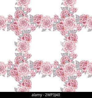 Nahtloses Muster mit Aquarellblumen rosa Vintage Handzeichnung Illustration im botanischen Stile. Hochzeitseinladung mit Kunstdruck, Gratin Stockfoto