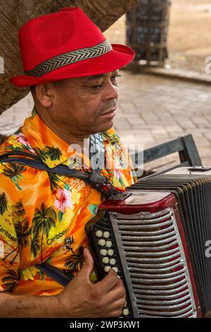 Ein Akkordianer in einer dominikanischen Merengue-Band im Columbus Park in der Kolonialstadt Santo Domingo, Dominikanische Republik. Merengue tipico oder Folk Stockfoto