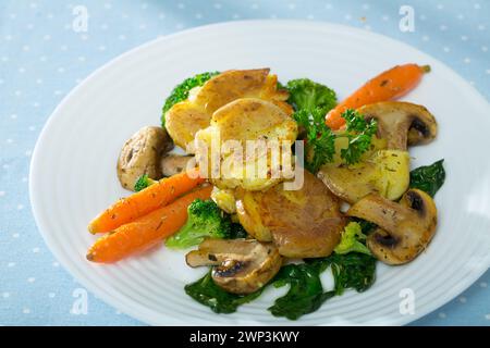 australische Küche, heiße Kartoffeln mit Pilzen und Gemüse Stockfoto