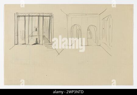 Architektonische Gestaltung des linken Flügels des Warschauer Nationalmuseums, Teil des Armeemuseums, 1928, mit perspektivischer Sicht auf den Banner Room und alternativer Studie der Jungfrau-Berge, Innenräume von Gembarzewski und Tadeusz. Stockfoto
