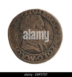 Litauische Trojak-Münze, die 1562 unter Zygmunt II. August, König von Polen, ausgegeben wurde und das polnische Währungssystem des 16. Jahrhunderts widerspiegelt. Stockfoto