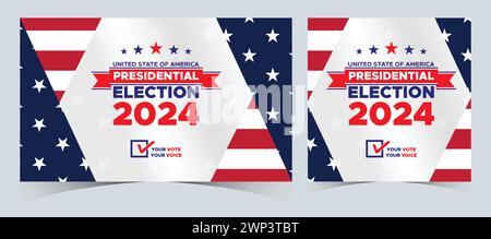 Abstimmung 2024. Tag der Präsidentschaftswahl in den Vereinigten Staaten. Wahl 2024 USA. Wahlkampftag 5. November US-Banner Hintergrund Stock Vektor