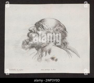 Eine Profilzeichnung von Stefano Della Bella um 1643 von einem bärtigen älteren Mann, der in einer bergigen Landschaft spricht, aus der Serie „Principia del Disegno“, die Gesichtszüge und Körperhaltung hervorhebt. Stockfoto