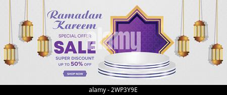 Ramadan Kareem Super Sale Web-Banner Hintergrund mit Podium für Produktpräsentation. Islamischer Ramadan Big Sale Promotion Banner Vorlage Stock Vektor