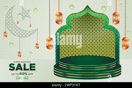 Ramadan Kareem Super Sale Web-Banner Hintergrund mit Podium für Produktpräsentation. Islamischer Ramadan Big Sale Promotion Banner Vorlage Stock Vektor
