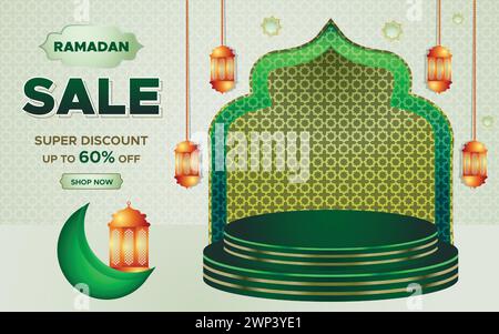 Ramadan Kareem Super Sale Web-Banner Hintergrund mit Podium für Produktpräsentation. Islamischer Ramadan Big Sale Promotion Banner Vorlage Stock Vektor