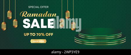 Ramadan Kareem Super Sale Web-Banner Hintergrund mit Podium für Produktpräsentation. Islamischer Ramadan Big Sale Promotion Banner Vorlage Stock Vektor