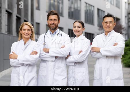 Professionelle Ärztinnen und Ärzte in Labormänteln stehen selbstbewusst vor einem Krankenhaus und wecken Vertrauen und Fachwissen. Stockfoto
