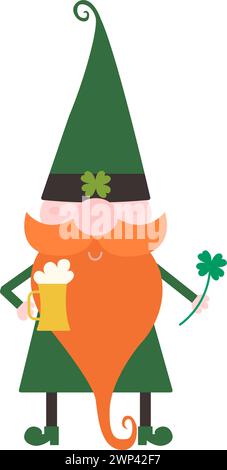 GNOME mit rotem Bart und Schnurrbart in grünem Kostüm mit Bier und vierblättrigem Kleeblatt in den Händen am St. Patrick's Day Stock Vektor