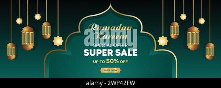 Ramadan Kareem Web Hintergrund Super Sale Banner mit Podium für die Präsentation des Produkts. Ramadan Mega Big Sale Promotion Islamisches Aktionsbanner Stock Vektor