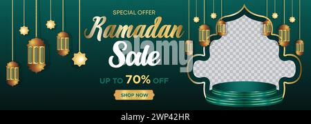 Ramadan Kareem Web Hintergrund Super Sale Banner mit Podium für die Präsentation des Produkts. Ramadan Mega Big Sale Promotion Islamisches Aktionsbanner Stock Vektor