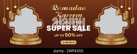 Ramadan Kareem Web Hintergrund Super Sale Banner mit Podium für die Präsentation des Produkts. Ramadan Mega Big Sale Promotion Islamisches Aktionsbanner Stock Vektor