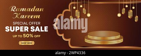 Ramadan Kareem Web Hintergrund Super Sale Banner mit Podium für die Präsentation des Produkts. Ramadan Mega Big Sale Promotion Islamisches Aktionsbanner Stock Vektor