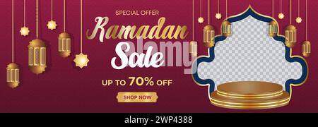 Ramadan Kareem Web Hintergrund Super Sale Banner mit Podium für die Präsentation des Produkts. Ramadan Mega Big Sale Promotion Islamisches Aktionsbanner Stock Vektor