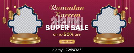 Ramadan Kareem Web Hintergrund Super Sale Banner mit Podium für die Präsentation des Produkts. Ramadan Mega Big Sale Promotion Islamisches Aktionsbanner Stock Vektor