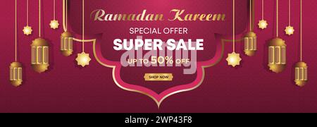 Ramadan Kareem Web Hintergrund Super Sale Banner mit Podium für die Präsentation des Produkts. Ramadan Mega Big Sale Promotion Islamisches Aktionsbanner Stock Vektor