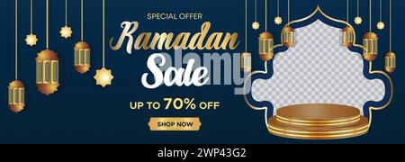 Ramadan Kareem Web Hintergrund Super Sale Banner mit Podium für die Präsentation des Produkts. Ramadan Mega Big Sale Promotion Islamisches Aktionsbanner Stock Vektor