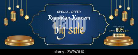 Ramadan Kareem Web Hintergrund Super Sale Banner mit Podium für die Präsentation des Produkts. Ramadan Mega Big Sale Promotion Islamisches Aktionsbanner Stock Vektor