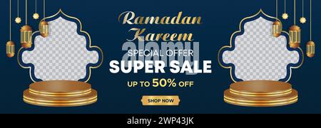 Ramadan Kareem Web Hintergrund Super Sale Banner mit Podium für die Präsentation des Produkts. Ramadan Mega Big Sale Promotion Islamisches Aktionsbanner Stock Vektor