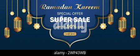 Ramadan Kareem Web Hintergrund Super Sale Banner mit Podium für die Präsentation des Produkts. Ramadan Mega Big Sale Promotion Islamisches Aktionsbanner Stock Vektor