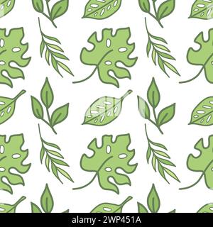 Tropische Blätter nahtloses Muster. Handgezeichnete Kritzeleien isoliert auf weißem Hintergrund. Farbiges Vektor-Design im Cartoon-Stil für Stoff, Scrapbooking oder Stock Vektor