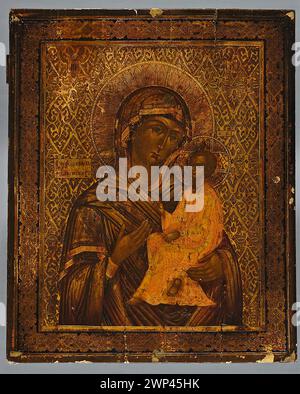 Russische Ikone aus dem 19. Jahrhundert, die die Muttergottes von Tichvin mit dem Jesuskind darstellt. Das Symbol enthält Inschriften, Maforion und dient als religiöses Objekt im orthodoxen Christentum. Stockfoto