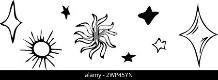 Mystische magische Vektorlinien. Kontur minimalistisches handgezeichnetes Doodle in Schwarz. Geheimnisvolle Sterne und Sonne. Gliederung der Elemente für Logo Stock Vektor