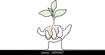 Hände halten den Pflanzensprossen. Durchgehende einzeilige Zeichnung. Stock Vektor