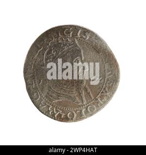 Litauische Trojak-Münze, die 1562 während der Regierungszeit des polnischen Königs Zygmunt II. August ausgegeben wurde, mit Vorder- und Rückseite sowie Silberkomposition. Stockfoto