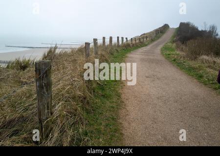 Ein Pfad schlängelt sich zwischen Dünen und einem Zaun durch eine düstere Landschaft Stockfoto