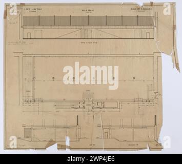 Architekturplan des Warschauer Nationalmuseums, Untergeschoss des linken Flügels, Kanonenhalle, 1927, mit Fassaden, horizontale Projektionen und Querschnitte. Teil der Museumsarchitektur- und museologischen Sammlungen. Stockfoto