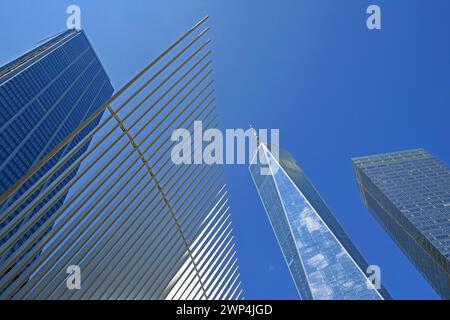 Flügel des Oculus Building, World Trade Center Station, Transportation Hub, Wolkenkratzer One World Trace Center oder Freedom Tower, 7 WTC, 3 WTC Stockfoto