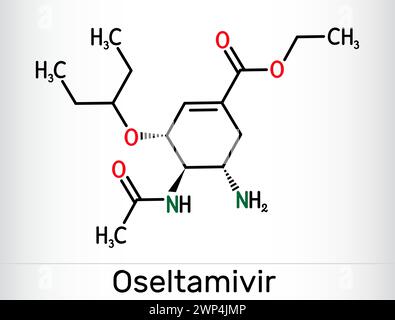 Oseltamivir antivirales Arzneimittelmolekül. Die chemische Formel des Skeletts. Vektorabbildung Stock Vektor