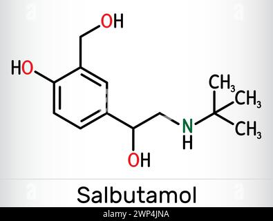 Salbutamol, Albuterolmolekül. Es handelt sich um einen kurzwirksamen Agonisten, der zur Behandlung von Asthma und COPD eingesetzt wird. Die chemische Formel des Skeletts. Vektorabbildung Stock Vektor