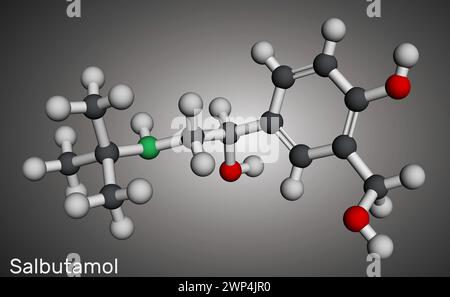 Salbutamol, Albuterolmolekül. Es handelt sich um einen kurzwirksamen Agonisten, der zur Behandlung von Asthma und COPD eingesetzt wird. Molekulares Modell. 3D-Rendering. Abbildung Stockfoto