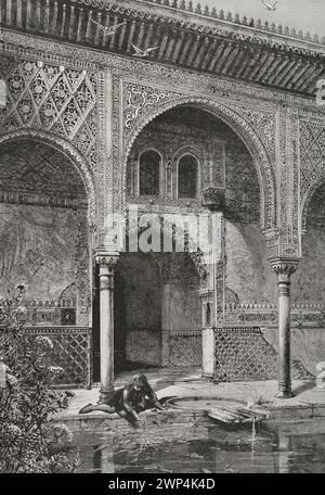 Granada, Andalusien, Spanien. Die Alhambra. Comares Palace. Patio de los Arrayanes (Hof der Myrtles). Gravur. „Glorias Españolas“ (Glorias von Spanien). Band II Veröffentlicht in Barcelona, 1890. Stockfoto