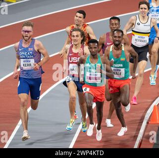 Josh Kerr aus Großbritannien, Olin Hacker aus den USA, Selemon Barega und GetNet Wale aus Äthiopien traten im 3000-m-Herrenfinale der World Athleti an Stockfoto