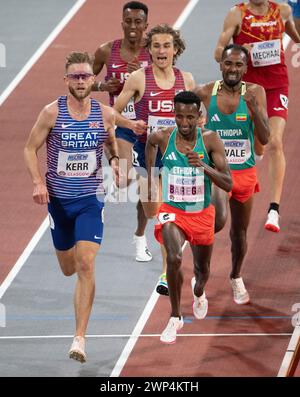 Josh Kerr aus Großbritannien, Olin Hacker aus den USA, Selemon Barega und GetNet Wale aus Äthiopien traten im 3000-m-Herrenfinale der World Athleti an Stockfoto