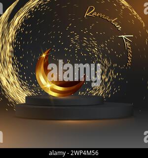 Ramadan luxuriöses islamisches Podium mit islamischem Goldmond, Spirale des Feuerwerks. Arabisches 3D-Banner für Produktpräsentation Stock Vektor