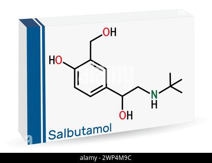 Salbutamol, Albuterolmolekül. Es handelt sich um einen kurzwirksamen Agonisten, der zur Behandlung von Asthma und COPD eingesetzt wird. Die chemische Formel des Skeletts. Papierverpackung für dr Stock Vektor