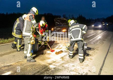 240305Wildunfall News ID: EN 2024-03-05 VW kollidiert mit Reh Straßensperrung durch ausgelaufene Betriebsmittel Neukirchen. Auf der S258 hat sich am Dienstagabend gegen 17:30 Uhr ein Verkehrsunfall ereignet. Die Fahrerin eines VW war auf der S258 in Richtung Neukirchen unterwegs, als plötzlich ein Reh die Fahrbahn kreuzt. Trotz Bremsung konnte die Fahrerin eine Kollision mit dem Reh nicht mehr verhindern. Nach dem Zusammenstoß rannte das Reh weiter in einem angrenzenden Waldstück. Bei dem Unfall war das Auto beschädigt, wobei Betriebsmittel ausliefen. Einsatzkräfte der Feuerwehr rückten an, u Stockfoto