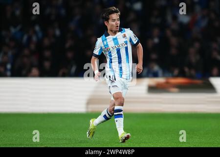 San Sebastian, Spanien. März 2024. Takefusa Kubo von Real Sociedad spielte im Achtelfinale zwischen Real Sociedad und Paris Saint Germain PSG am 5. März 2024 im reale Arena Stadium in San Sebastian, Spanien. (Foto: Bagu Blanco/PRESSINPHOTO) Credit: PRESSINPHOTO SPORTS AGENCY/Alamy Live News Stockfoto