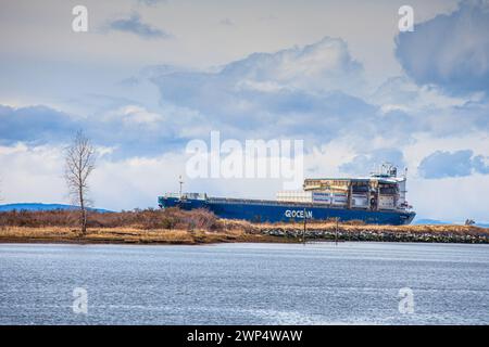 Das Frachtschiff Star Juventas fährt in Steveston in Kanada in die Flussmündung des Fraser River ein Stockfoto