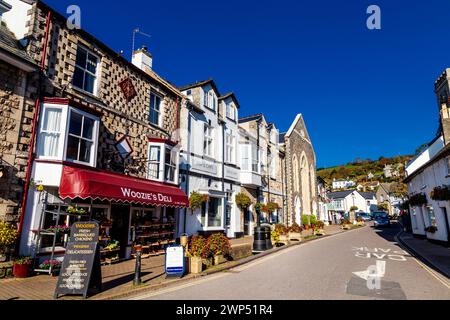 Häuser und Geschäfte entlang der Fore Street in der Küstenstadt Beer, Devon, Jurassic Coast, Großbritannien Stockfoto