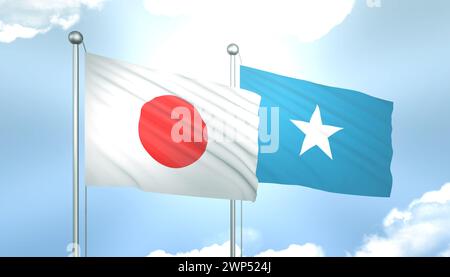 3D-Flagge von Japan und Somalia auf blauem Himmel mit Sonnenschein Stockfoto