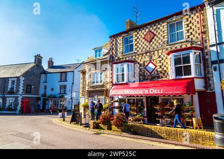 Woozie's Deli an der Fore Street in der Küstenstadt Beer, Devon, Jurassic Coast, Großbritannien Stockfoto