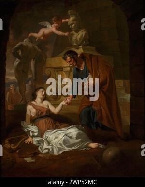 Ein Gemälde von Gerard de Lairesse aus dem 17. Und 18. Jahrhundert, das Gaius Maecenas darstellt, das die Kunst unterstützt, einschließlich allegorischer Elemente, einer Lira, Puttofiguren und Skulpturen. Stockfoto