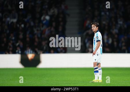 San Sebastian, Spanien. März 2024. Takefusa Kubo von Real Sociedad spielte im Achtelfinale zwischen Real Sociedad und Paris Saint Germain PSG am 5. März 2024 im reale Arena Stadium in San Sebastian, Spanien. (Foto: Bagu Blanco/PRESSINPHOTO) Credit: PRESSINPHOTO SPORTS AGENCY/Alamy Live News Stockfoto