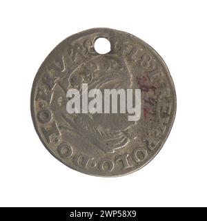 Trojak-Münze, die 1540 in Gdańsk unter König Zygmunt I. Stary ausgegeben wurde, zeigt ein Porträt des Königs auf der Vorderseite und umgekehrte Inschriften. Stockfoto