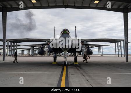 Isaac Bell, damals 366th Fighter Wing Deputy Commander, absolviert seinen Fini-Flug auf der Mountain Home Air Force Base am 7. Februar 2024. Bell hat mehr als 3500 Flugstunden in der F-15E Strike Eagle. (Foto der U.S. Air Force von Airman Keagan Lee) Stockfoto